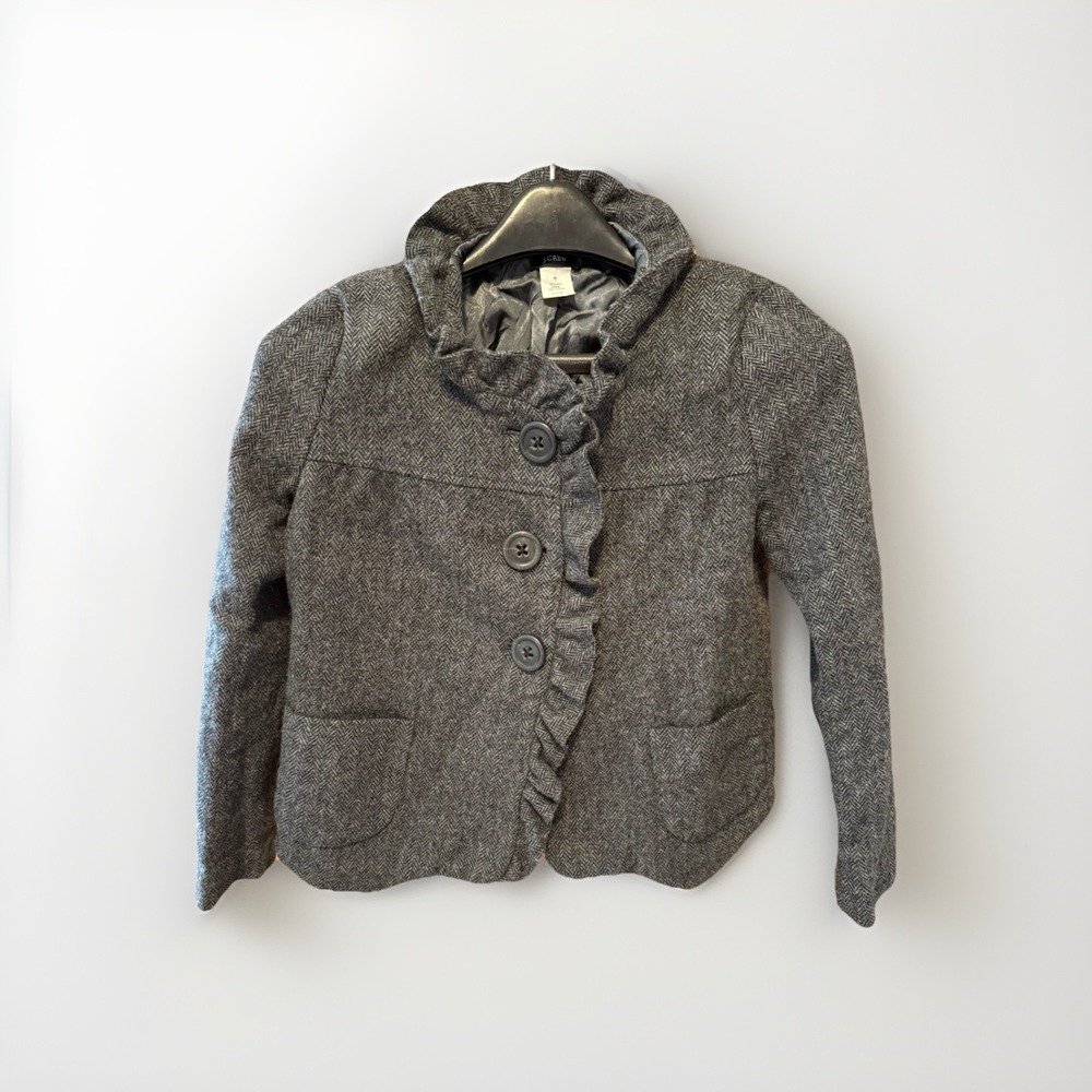 J.Crew Women's Short Blazer Jacket 100% Wool, Ruffled Collar Gray Size 4P